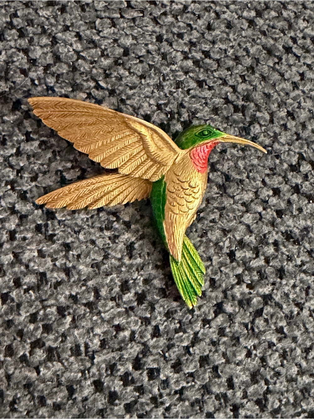 Gold and Green Hummingbird Brooch with Pink Accent Marked JJ designer